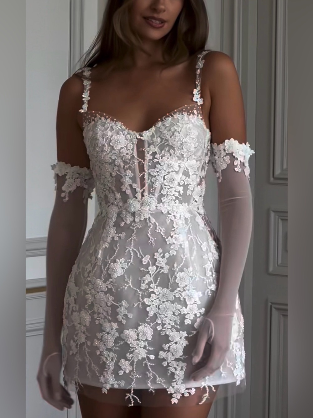 Rosie Etienne Dress - Lilliana Beaded White Mini Dress with Gloves - Size: US 2